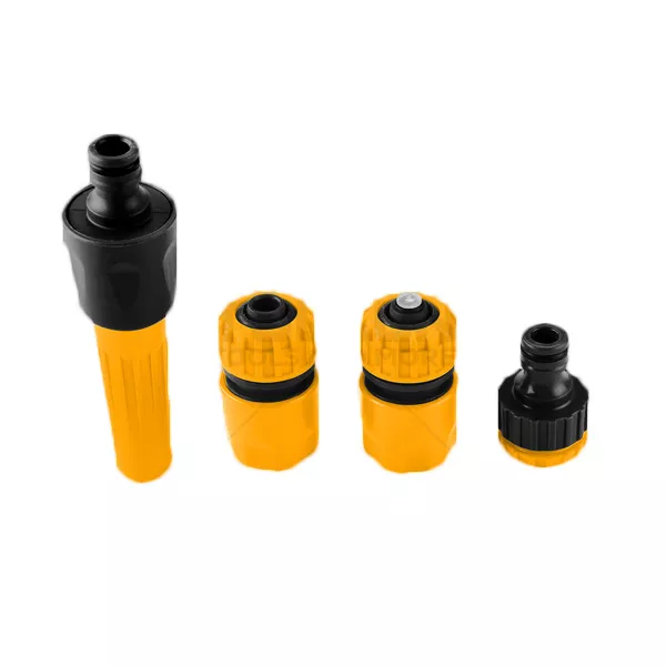 SET DE 4 UNID DE BOQUILLAS DE MANGUERA  1/2" - 1 CONECTOR DE MANGUERA, 1 CONECTOR DE MANGUERA CON TOPE DE AGUA, 1ADAPTADOR DE GRIFO, 1 BOQUILLA AJUSTABLE