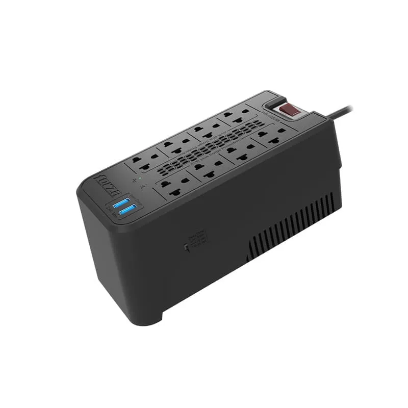 Capacidad: 1200VA/600W • Voltage: 220V • VA de salida: 1200 VA • Receptáculo: 8 x NEMA 5-15R • 2 Puertos USB • Selector de frecuencia de salida