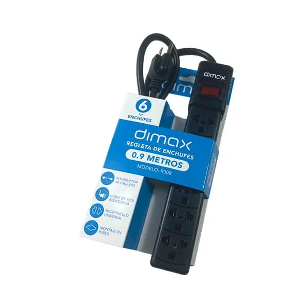 REGLETA CORTA PICOS 0,9MT DE 6 ENCHUFES*ENCHUFES TIPO B CON PUNTO A TIERRA 10A/220V*INTERRUPTOR RESET CON LED