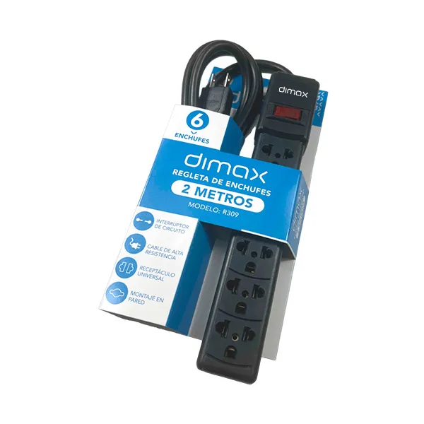 REGLETA CORTA PICOS 2MT DE 6 ENCHUFES*ENCHUFES TIPO B CON PUNTO A TIERRA 10A/220V*INTERRUPTOR RESET CON LED